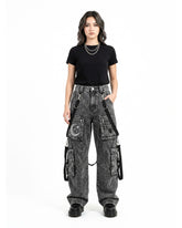 Baggy Cargo Jeans Women front view featuring washed black womens cargo jeans with a wide leg cargo jeans fit and utility pockets.
