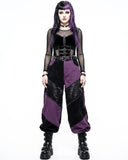 Person wearing a gothic outfit with purple and black colors on a white background