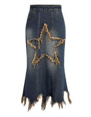 Women Patchwork Decorative Denim Skirts Hot Fashion Washed Korean Style High Street Y2K TRIPPPRS Popular Mid-Calf 03/3