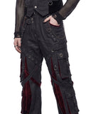 Close-up of punk cargo pants waist straps, chains and red velvet lining