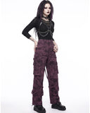Woman wearing purple cargo pants side view, emo cargo pants, cargo pants women's pants styling
