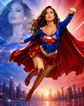 A woman in a superhero costume flying over a city skyline at sunset, with a large faded portrait of the same woman in the upper left. The costume is blue with a red cape and red skirt, and the chest emblem resembles Superman's S-shield.