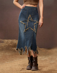 Women Patchwork Decorative Denim Skirts Hot Fashion Washed Korean Style High Street Y2K TRIPPPRS Popular Mid-Calf 03/3