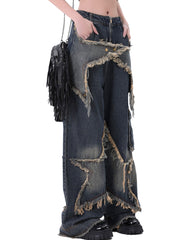 Women's Patchwork Fringe Pocket Wide Leg Loose Casual Cargo Boyfriend Jeans