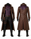 A brown faux-leather costume coat displayed on a mannequin, shown from both the front and back views. The front view includes a matching purple vest, black pants, and black boots, while the back view shows a purple shoulder panel.