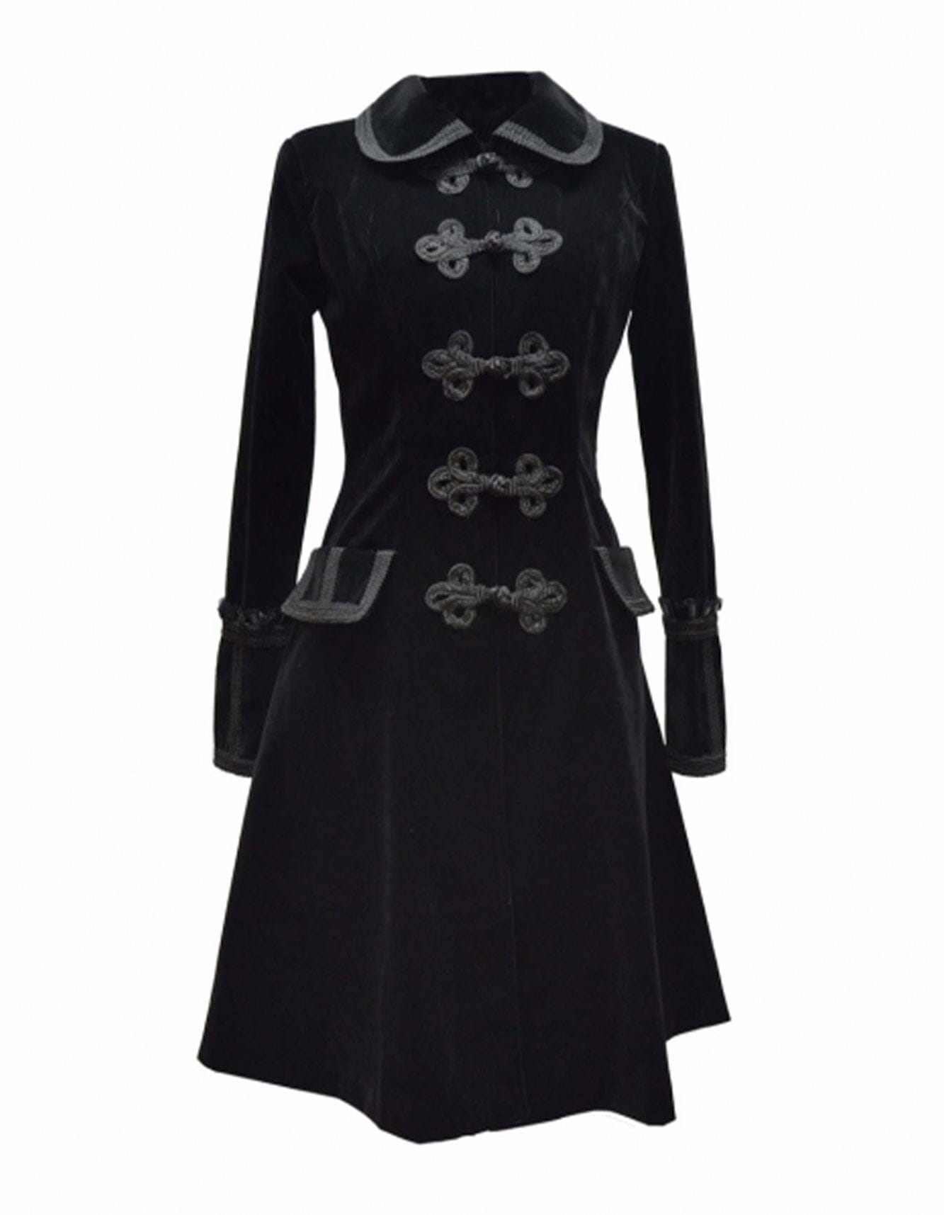 Women's Black Velvet Gothic Coat with Victorian-inspired buttons and tailored fit