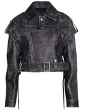 Distressed black cropped leather jacket with asymmetrical zipper and adjustable belted waist for women