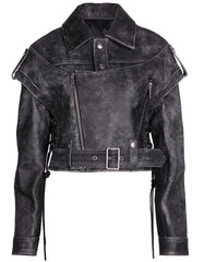 Distressed Black Cropped Leather Jacket