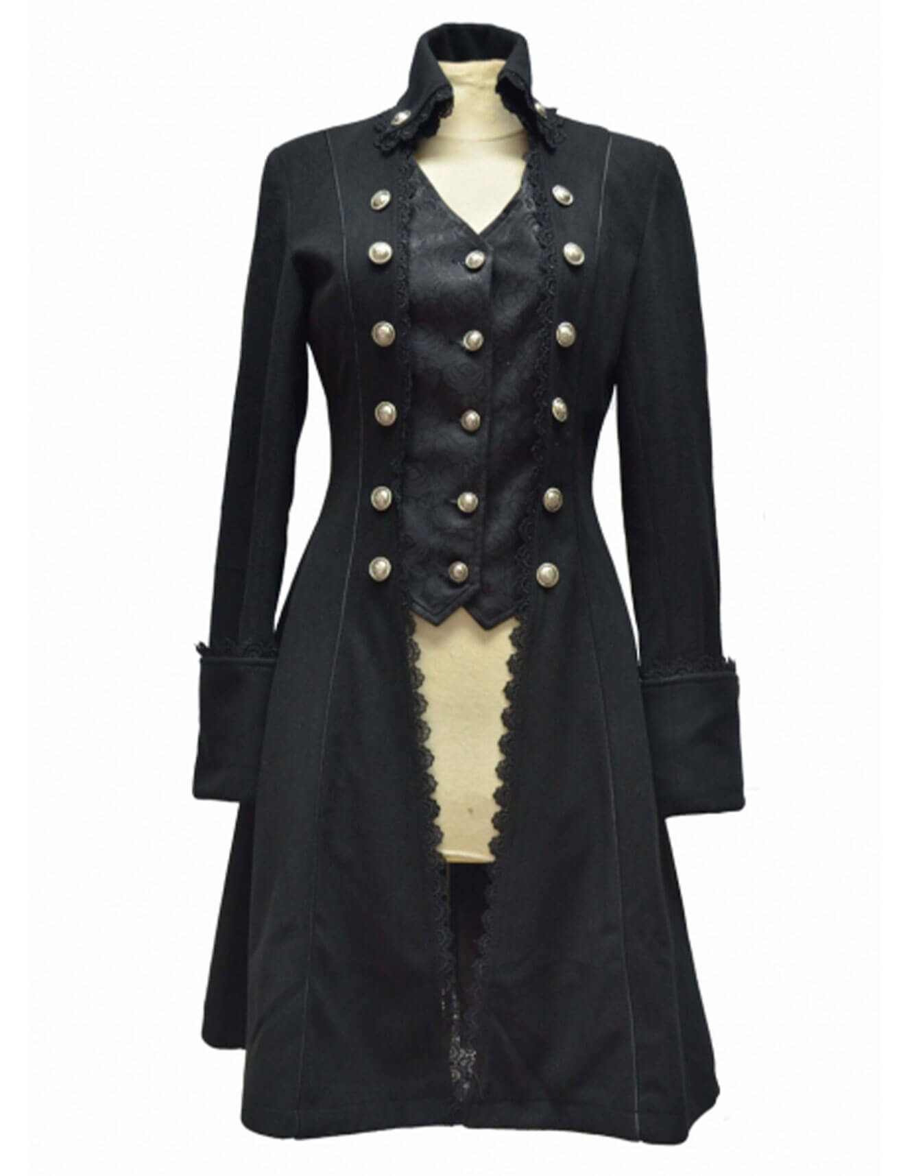 Women's Black Gothic Long Coat with corset-style tailoring and Victorian-inspired design in black wool blend
