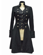 Women's Black Gothic Long Coat with corset-style tailoring and Victorian-inspired design in black wool blend
