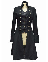 Women's Black Gothic Long Coat with corset-style tailoring and Victorian-inspired design in black wool blend