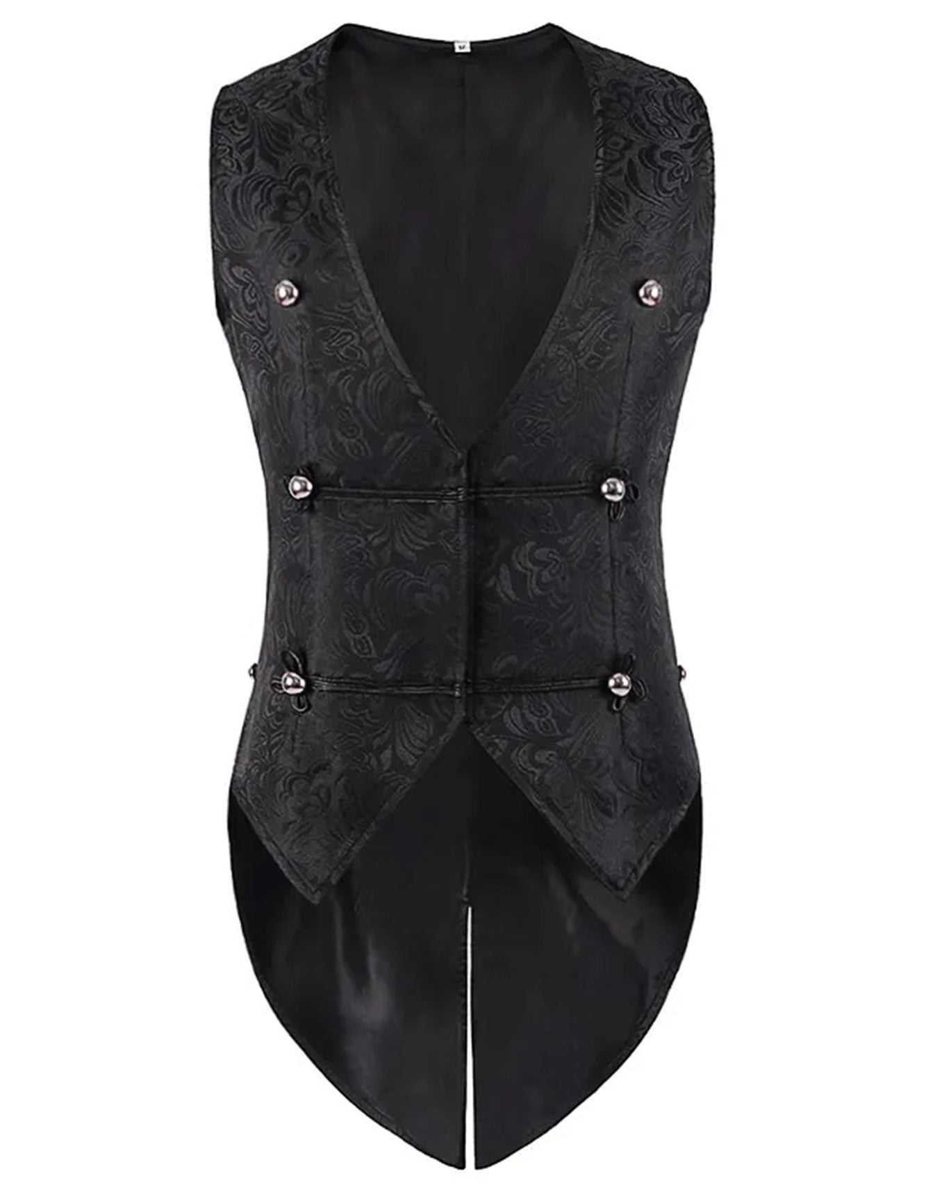 Black steampunk vest with intricate floral texture and decorative buttons, tailored with a pointed hem and a sleek black finish