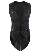 Black steampunk vest with intricate floral texture and decorative buttons, tailored with a pointed hem and a sleek black finish
