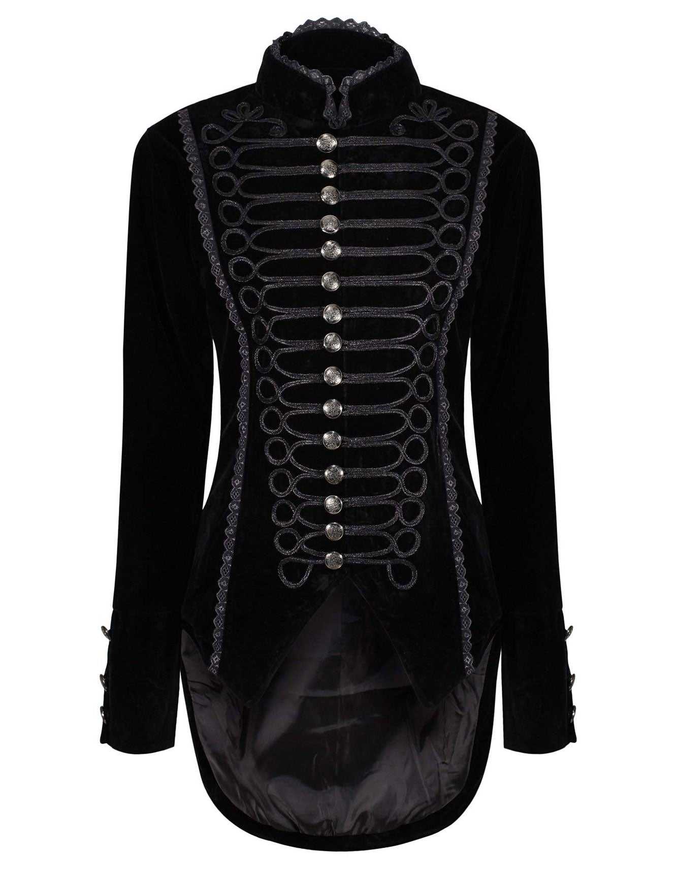 Women's black velvet gothic tailcoat with intricate silver buttons and Victorian-inspired detailing