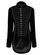 Women's black velvet gothic tailcoat with intricate silver buttons and Victorian-inspired detailing