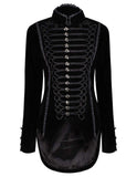 Women's black velvet gothic tailcoat with intricate silver buttons and Victorian-inspired detailing