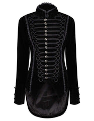 Women's black velvet gothic tailcoat with intricate silver buttons and Victorian-inspired detailing