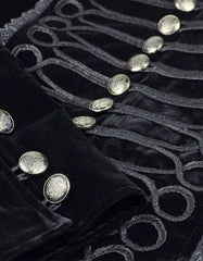 Close-up of women's black Velvet Gothic Tailcoat featuring detailed silver buttons and intricate embroidery