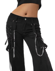 GENEMA Women’s Gothic Wide-Leg Cargo Pants – Chains & Side Split Zippers