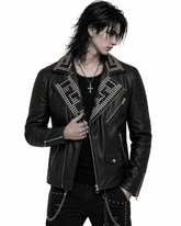 Black leather jacket with gold and silver studs on shoulders and collar, asymmetrical zipper, and tailored fit