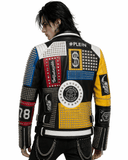 Men’s multicolor patchwork leather jacket with vibrant patches and studded detailing on black leather base