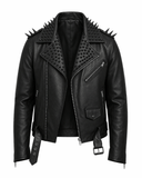 Black spiked studded leather jacket with classic biker design and rebellious style