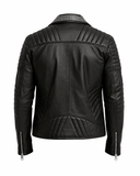 Black leather jacket with gold and silver studs on shoulders and collar, asymmetrical zipper, tailored fit, premium cowhide leather.