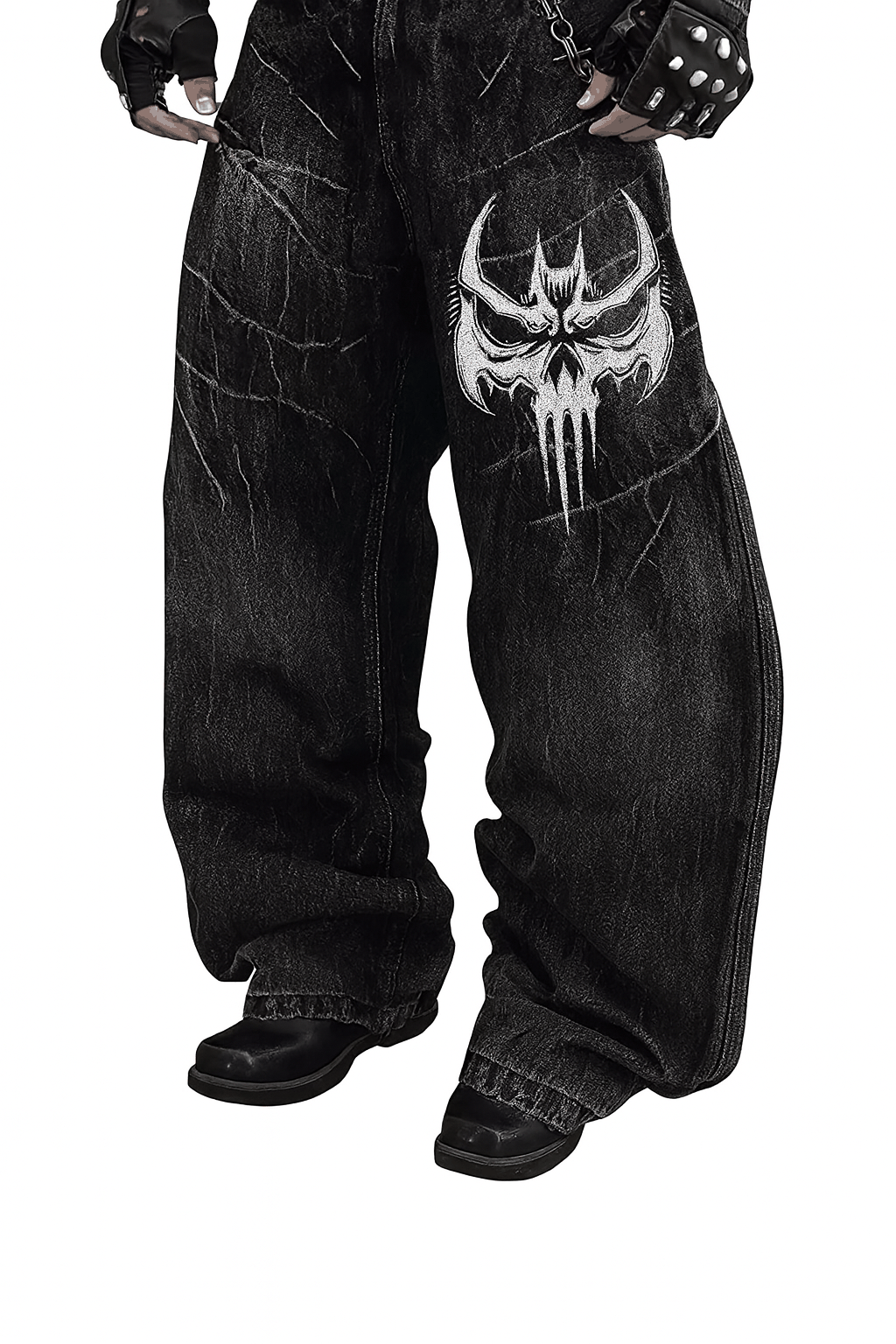 Unisex Gothic Skull jeans in vintage washed black denim with large white embroidered skull and relaxed wide-leg fit