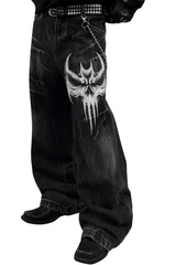 Unisex Gothic Skull jeans in vintage washed black denim with large white skull embroidery and wide-leg fit
