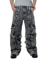 Distressed black denim cargo pants with multiple pockets and relaxed fit for rugged streetwear style