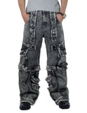 Distressed black denim cargo pants with multiple pockets and relaxed fit for rugged streetwear style