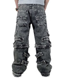 Distressed black denim cargo pants with multiple pockets and relaxed fit for rugged streetwear style