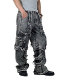 Distressed black denim cargo pants with multiple pockets and relaxed fit for rugged streetwear style
