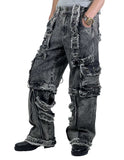 Distressed black denim cargo pants with multiple pockets and faded vintage look