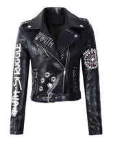 Women’s black graphic leather biker jacket with white and red prints, asymmetrical zipper, belted waist, and tailored fit