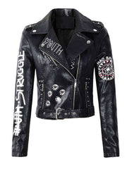 Women’s black graphic leather biker jacket with white and red prints, asymmetrical zipper, belted waist, and tailored fit