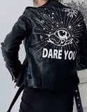 Women’s black graphic leather biker jacket with eye and "Dare You" print on back