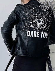 Women’s black graphic leather biker jacket with eye and "Dare You" print on back