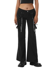 Women wearing black Gothic Wide Leg Cargo Pants with chains and side zippers in edgy streetwear style