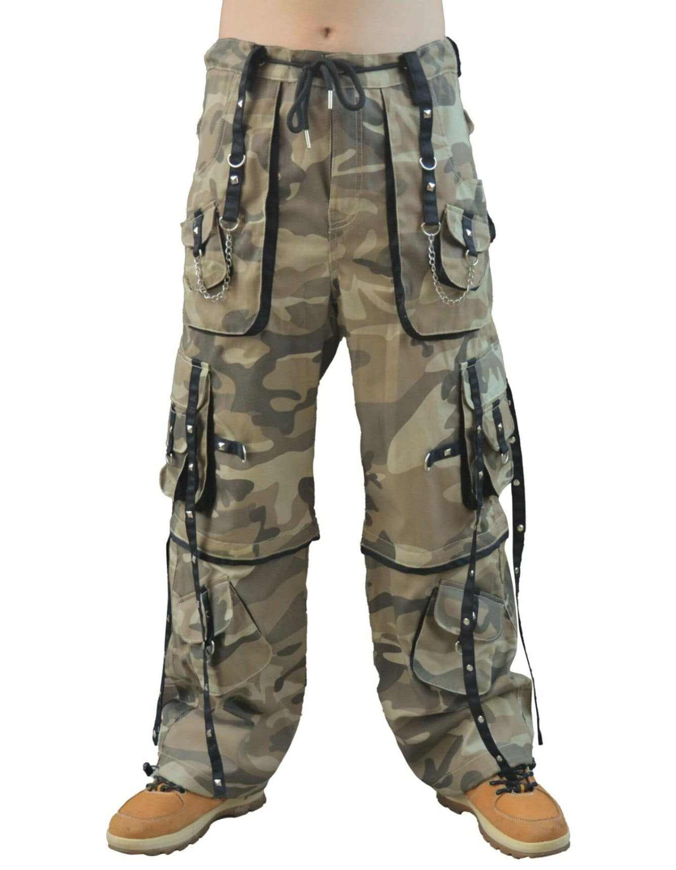 Trippprs camo cargo pockets baggy pants with military-inspired pattern and multiple storage pockets