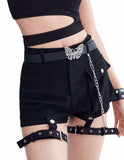 Black high waist denim mini shorts with butterfly belt and thigh straps