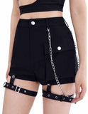 High waist black denim mini shorts with side pocket and chain detail