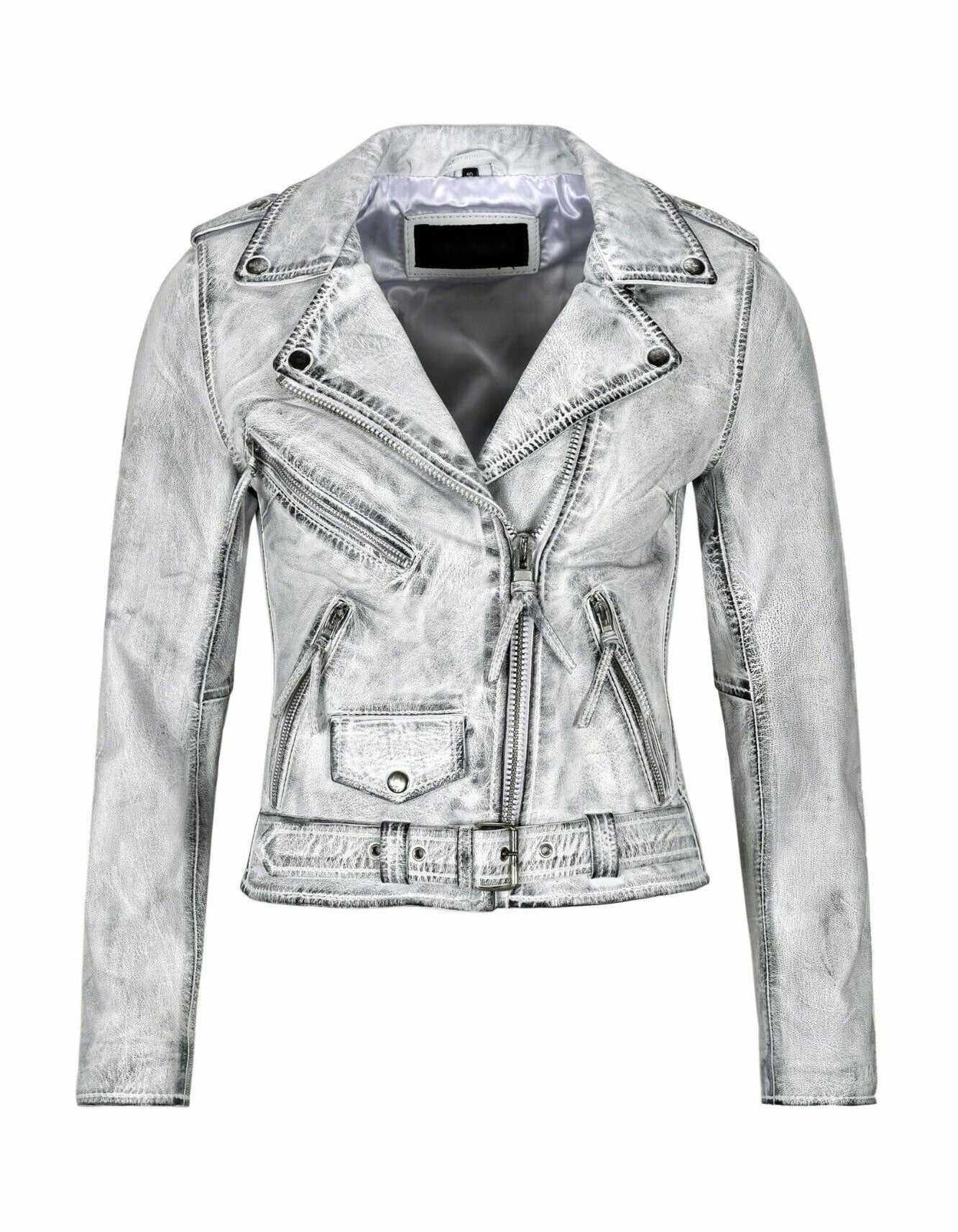 Women’s silver distressed faux leather biker jacket with asymmetric zipper and belt accents for a modern biker look