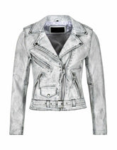Women’s silver distressed faux leather biker jacket with asymmetric zipper and belt accents for a modern biker look