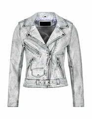 Women’s silver distressed faux leather biker jacket with asymmetric zipper and belt accents for a modern biker look
