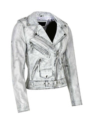 Women’s stylish silver distressed faux leather biker jacket with asymmetric zipper for a modern biker look