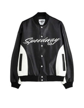 Men’s Speedway 53 Leather Bomber Jacket in black with white panels and racing-inspired embroidery