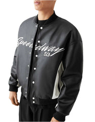 Men wearing black Speedway 53 leather bomber jacket with white side panels and snap-button closure