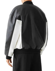 Men's Speedway 53 Leather Bomber Jacket in black with white side panels and ribbed cuffs modeled from back