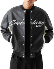 Men's Speedway 53 leather bomber jacket in black with white panels and embroidered logo